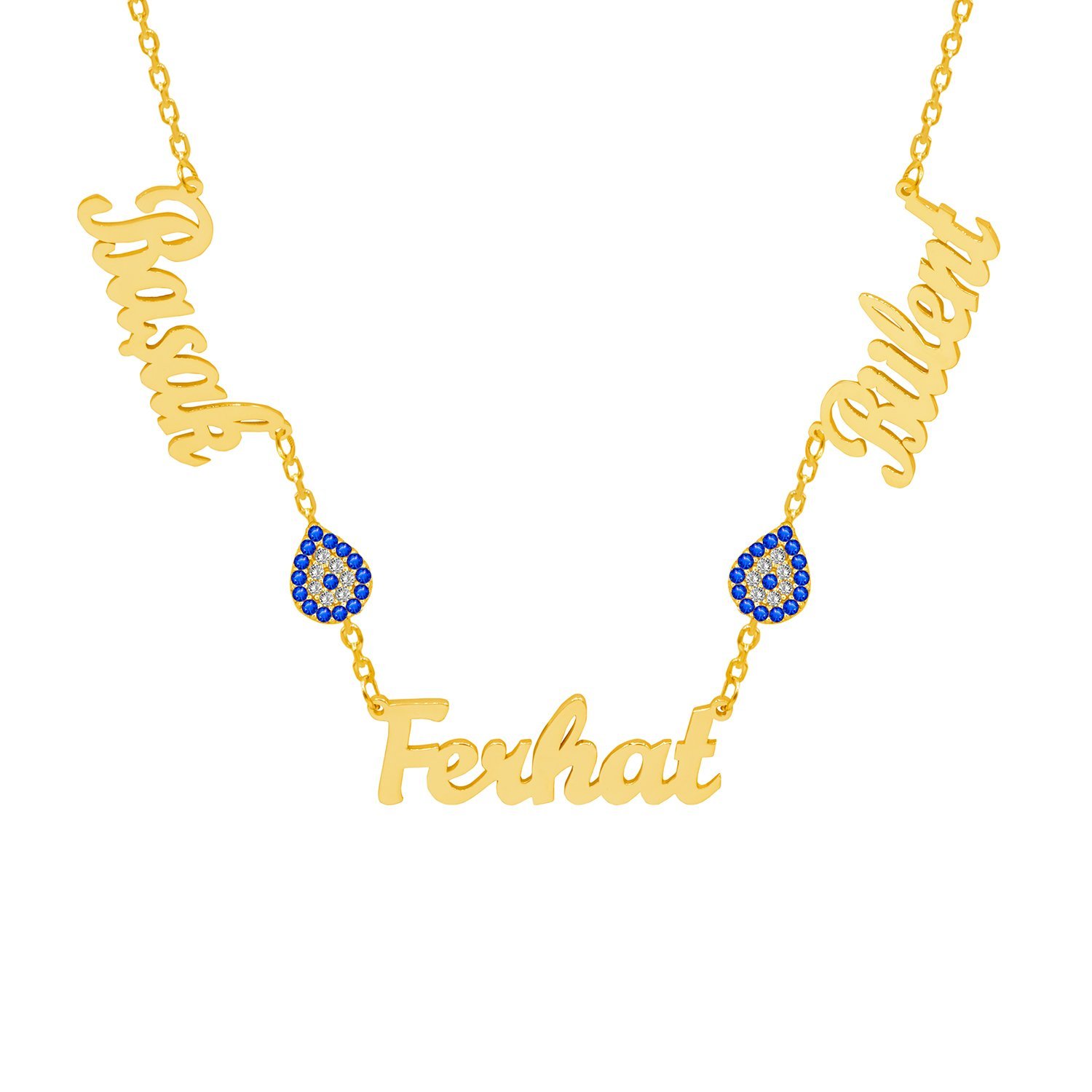 Gümüş Damla Nazarlıklı Üç İsimli Aile Kolyesi