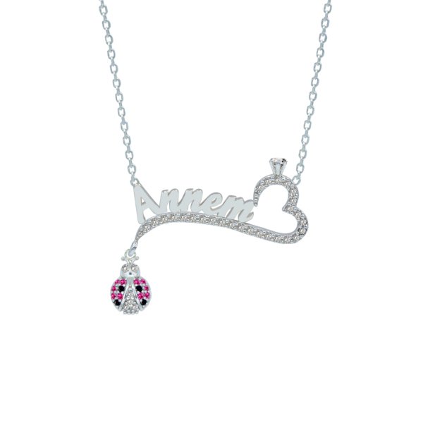 Gümüş Tek Taş Kalpli Uğur Böcekli İsimli Kolye
