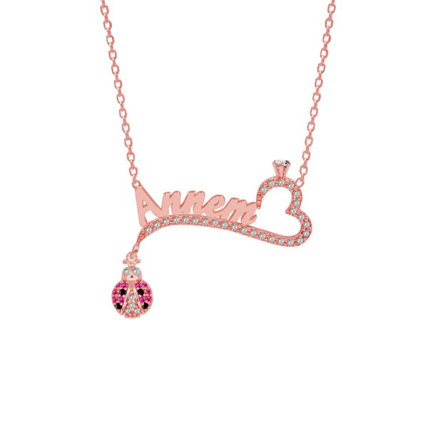 Gümüş Tek Taş Kalpli Uğur Böcekli İsimli Kolye