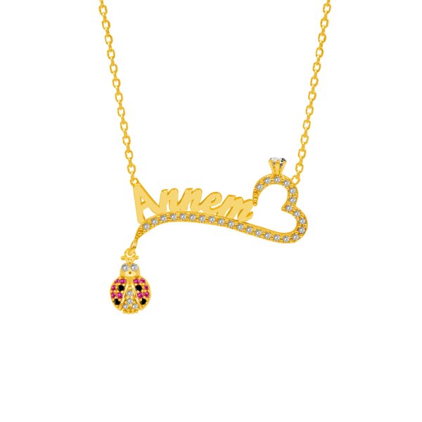 Gümüş Tek Taş Kalpli Uğur Böcekli İsimli Kolye