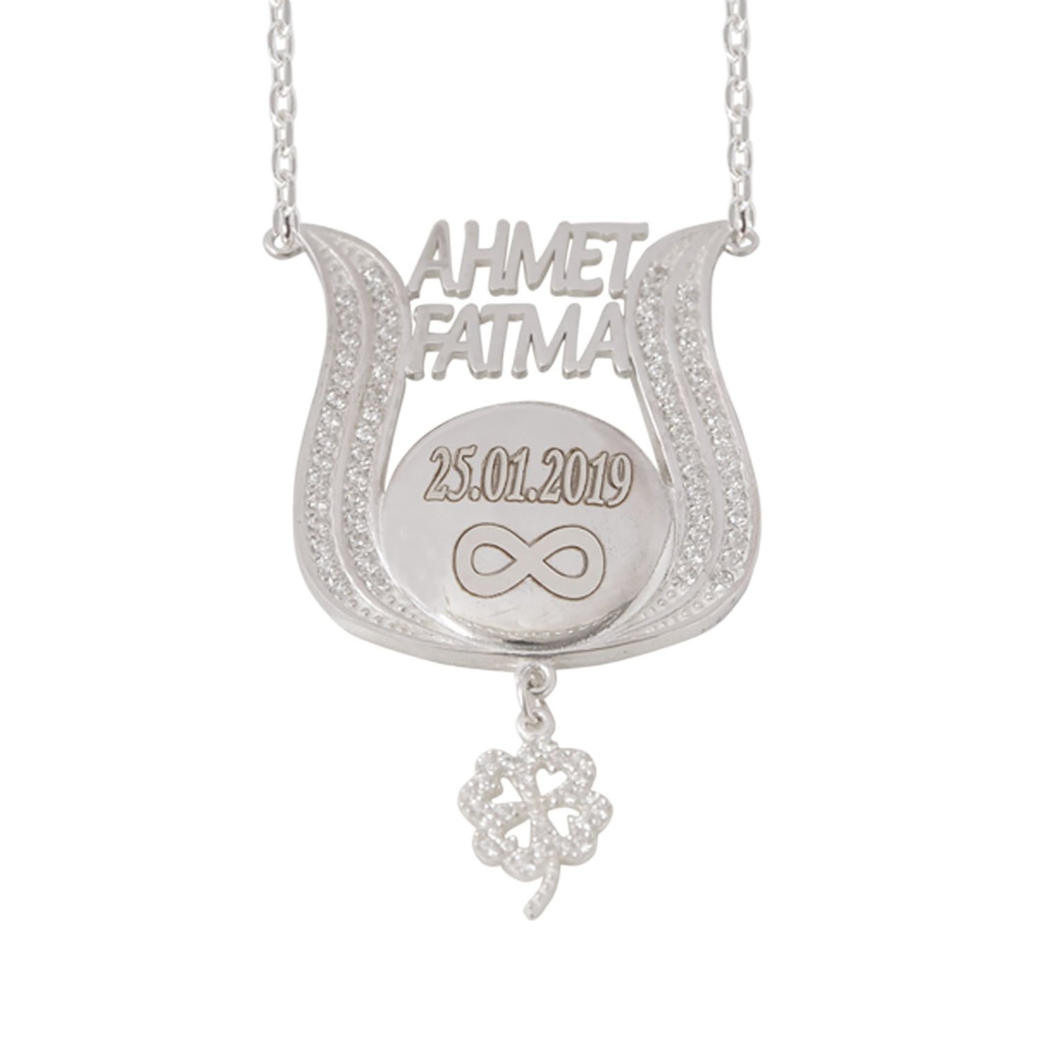 Gümüş Taşlı Lale Yuvarlak Plakalı İsimli Kolye