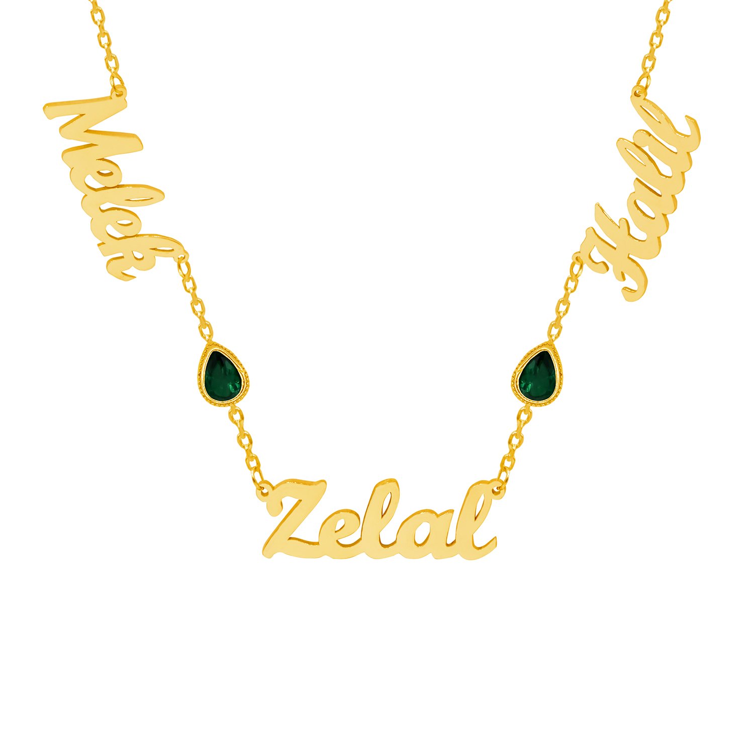 Gümüş Yeşil Renk Taşlı 3 İsimli Aile Kolyesi