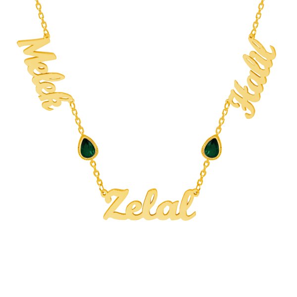 Gümüş Yeşil Renk Taşlı 3 İsimli Aile Kolyesi