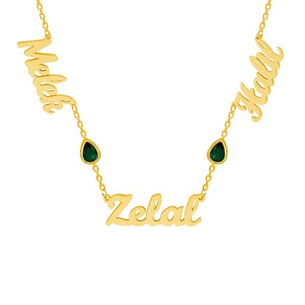 Gümüş Yeşil Renk Taşlı 3 İsimli Aile Kolyesi