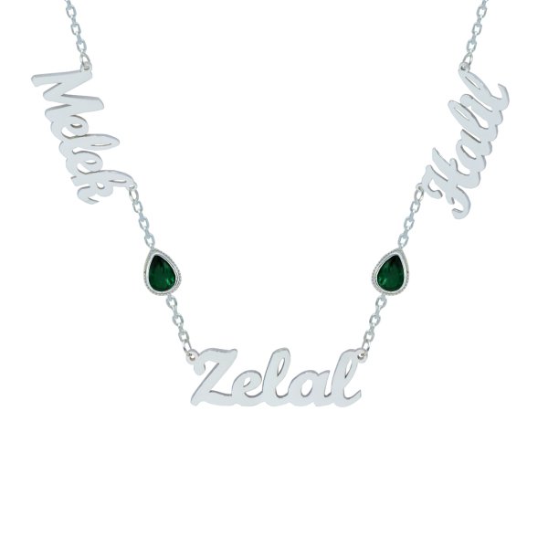 Gümüş Yeşil Renk Taşlı 3 İsimli Aile Kolyesi