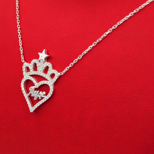 Gümüş Özel Tasarım Taşlı Kalpli İsimli Kolye