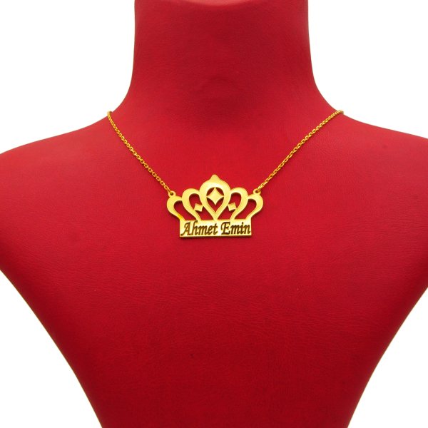 Gümüş Kalpli Taç Tasarımlı İsimli Kolye