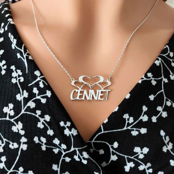 Gümüş 3 Kalpli Özel Tasarım İsimli Kolye