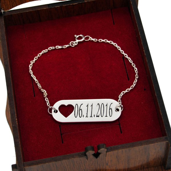 Gümüş Plaka Kalpli İsimli Bileklik