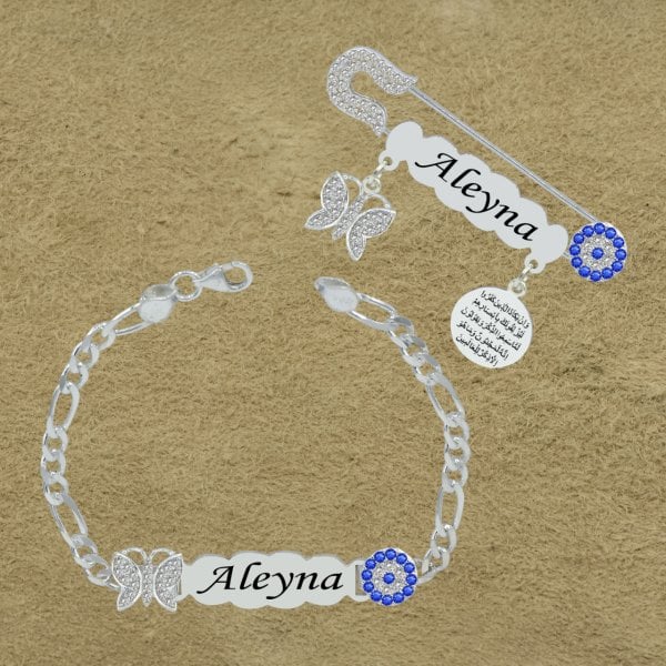 Gümüş Kelebekli İsimli Bebek İğnesi Künyesi