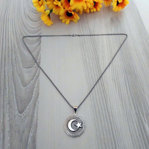 Gümüş Ay Yıldızlı Erkek Kolye