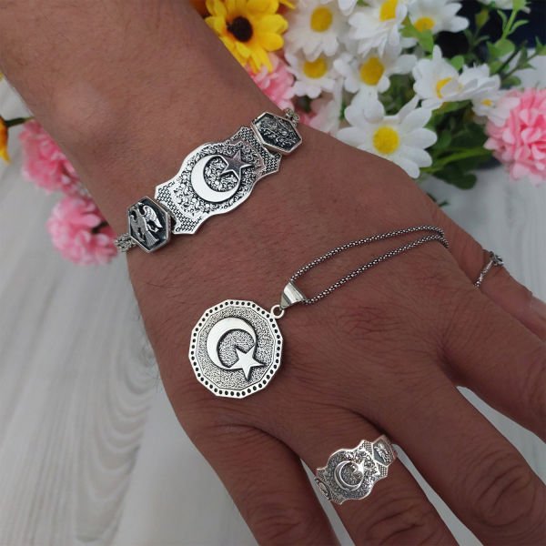 Gümüş Ay Yıldızlı Erkek Kolye Bileklik Yüzük Set