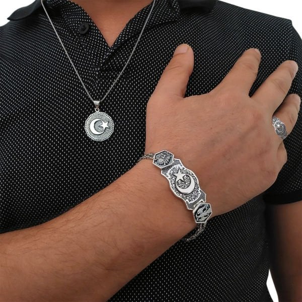 Gümüş Ay Yıldızlı Erkek Kolye Bileklik Yüzük Set