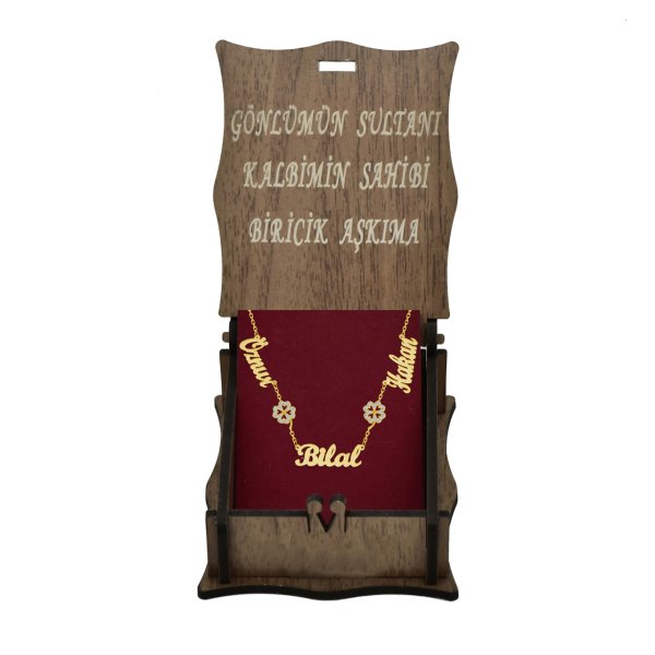 Gümüş Taşlı Yonca Üç İsimli Aile Kolyesi