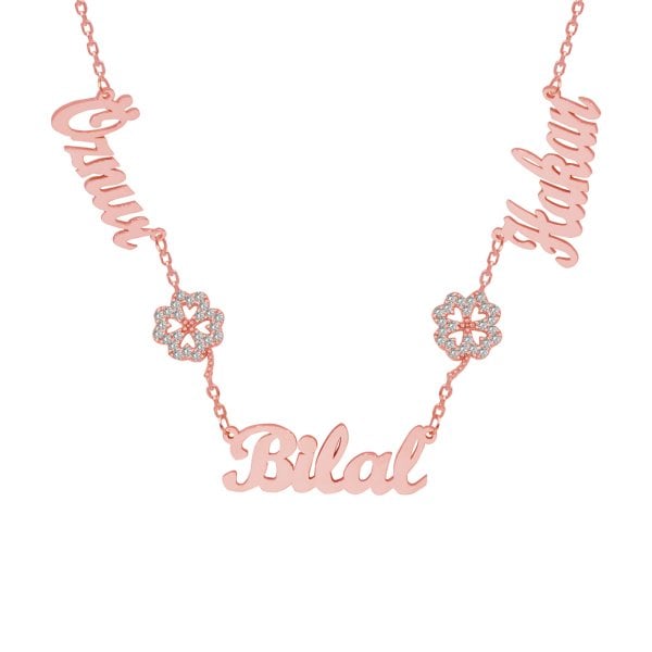 Gümüş Taşlı Yonca Üç İsimli Aile Kolyesi