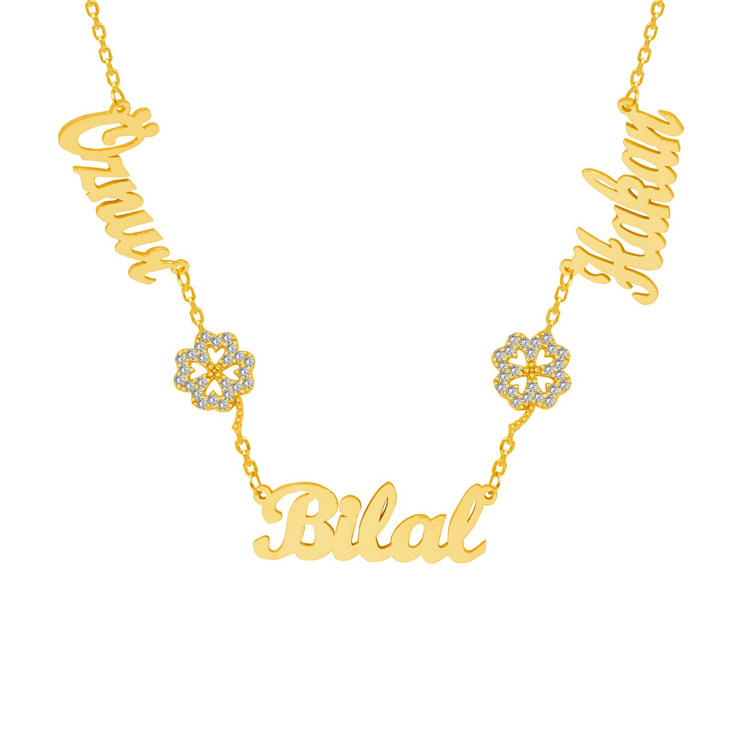 Gümüş Taşlı Yonca Üç İsimli Aile Kolyesi