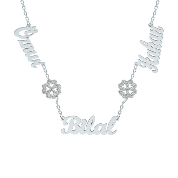 Gümüş Taşlı Yonca Üç İsimli Aile Kolyesi