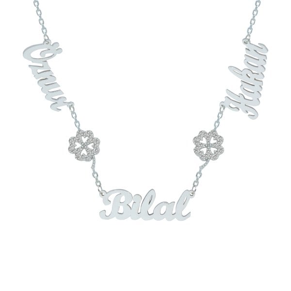 Gümüş Taşlı Yonca Üç İsimli Aile Kolyesi