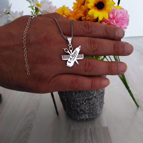 Gümüş Saç Makinası Tarak Makas İsimli Kolye