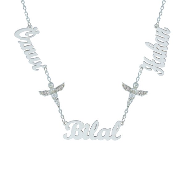 Gümüş Melek Figürlü 3 İsimli Aile Kolyesi