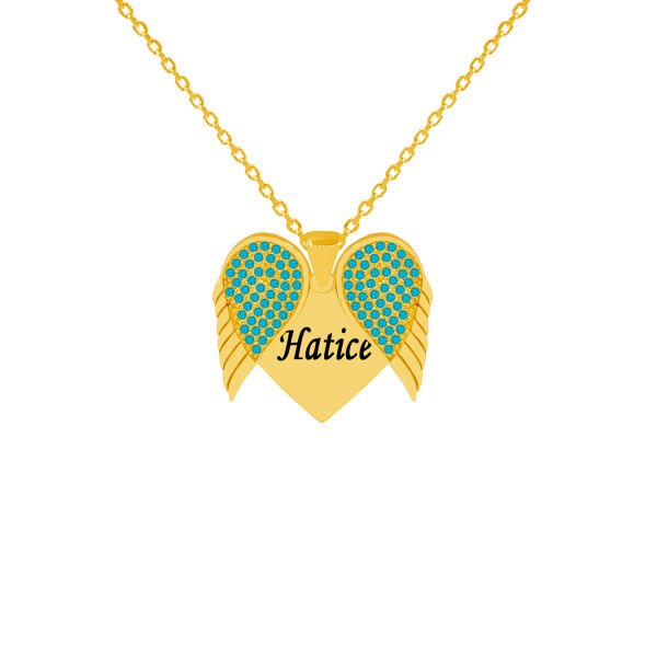 Gümüş Taşlı Kalp Melek Kanatlı İsimli Kolye
