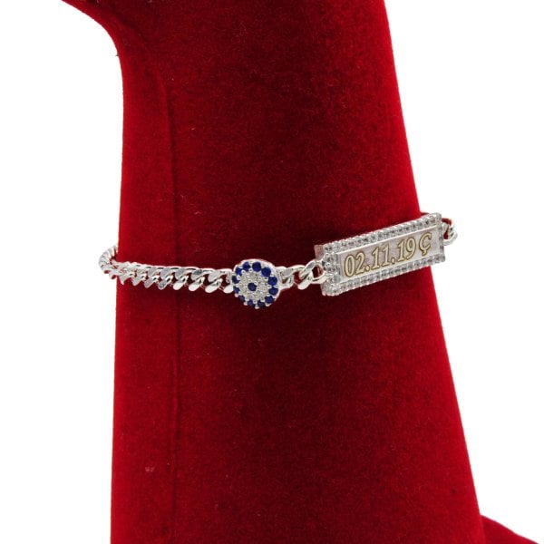 Gümüş Plaka Nazar Boncuklu İsimli Bileklik