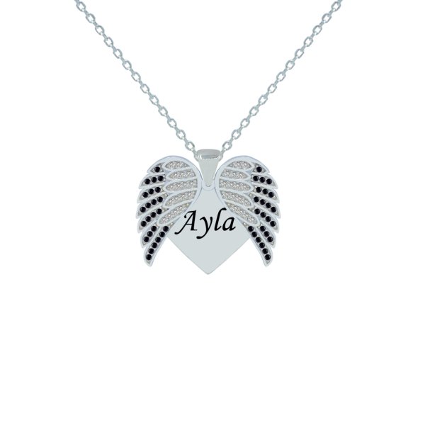 Gümüş Taşlı Kalp Melek Kanatlı İsimli Kolye