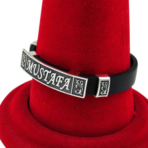 Gümüş Plaka Oyma Silikon Deri İsimli Bileklik