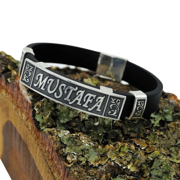 Gümüş Plaka Oyma Silikon Deri İsimli Bileklik