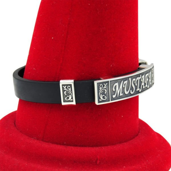 Gümüş Plaka Oyma Silikon Deri İsimli Bileklik