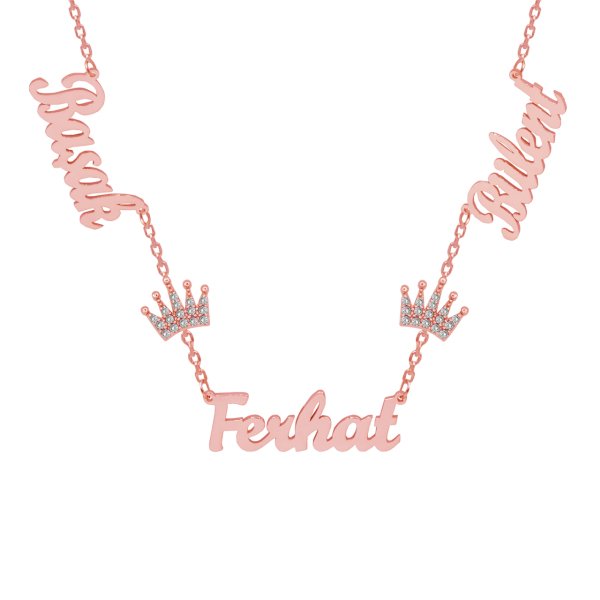 Gümüş Beyaz Taş Taçlı 3 İsimli Aile Kolyesi