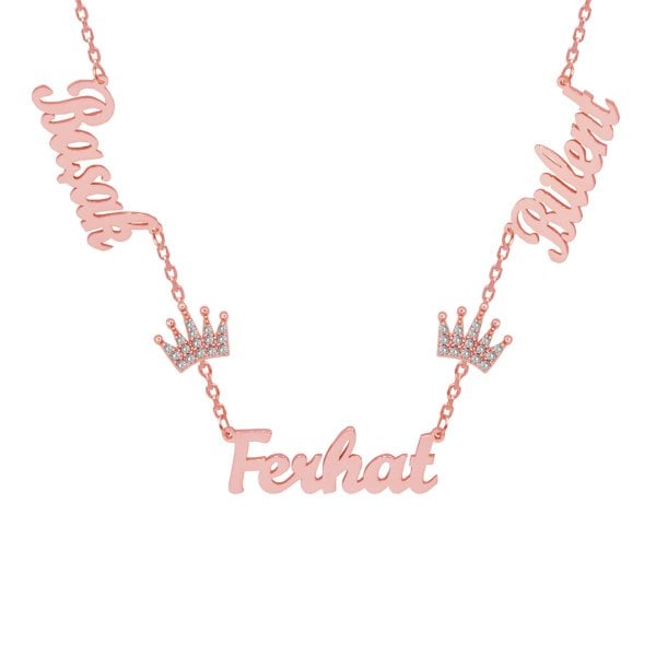 Gümüş Beyaz Taş Taçlı 3 İsimli Aile Kolyesi