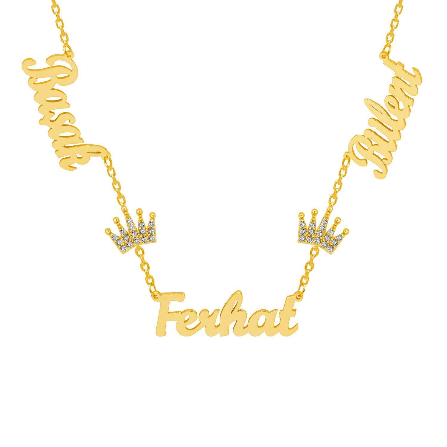 Gümüş Beyaz Taş Taçlı 3 İsimli Aile Kolyesi