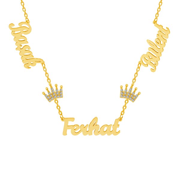 Gümüş Beyaz Taş Taçlı 3 İsimli Aile Kolyesi