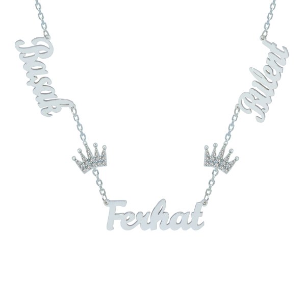 Gümüş Beyaz Taş Taçlı 3 İsimli Aile Kolyesi