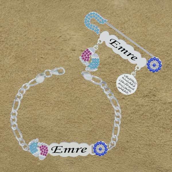 Gümüş Nazarlı İsimli Bebek İğnesi Künyesi