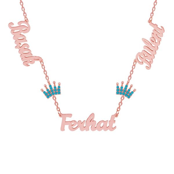 Gümüş Turkuaz Renk Taçlı 3 İsimli Aile Kolyesi