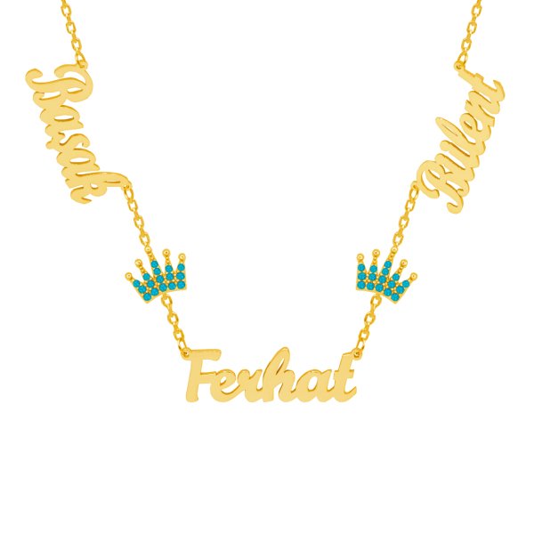 Gümüş Turkuaz Renk Taçlı 3 İsimli Aile Kolyesi