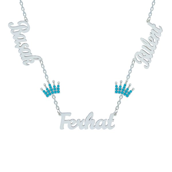 Gümüş Turkuaz Renk Taçlı 3 İsimli Aile Kolyesi