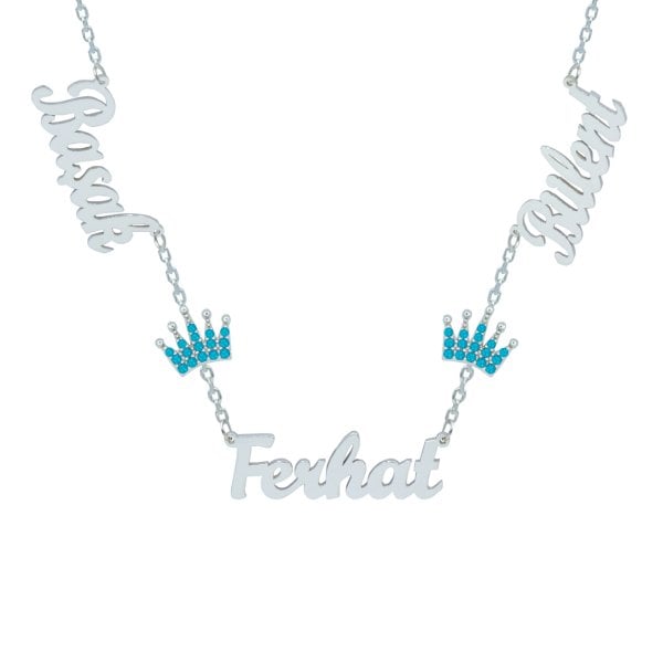 Gümüş Turkuaz Renk Taçlı 3 İsimli Aile Kolyesi