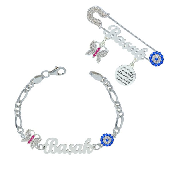 Gümüş Kelebekli İsimli Bebek İğnesi Bileklik