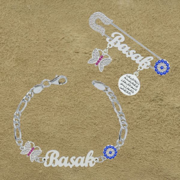Gümüş Kelebekli İsimli Bebek İğnesi Bileklik