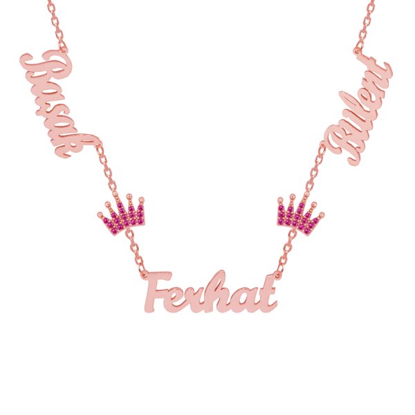 Gümüş Rubi Renk Taçlı 3 İsimli Aile Kolyesi