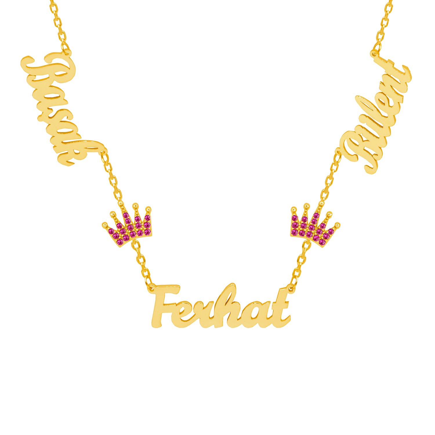 Gümüş Rubi Renk Taçlı 3 İsimli Aile Kolyesi