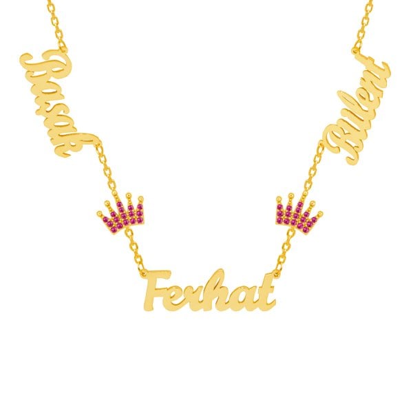 Gümüş Rubi Renk Taçlı 3 İsimli Aile Kolyesi