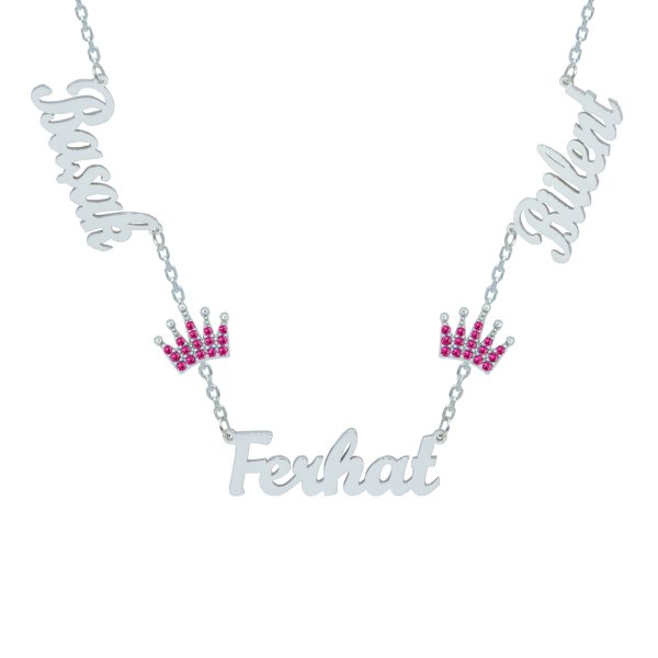 Gümüş Rubi Renk Taçlı 3 İsimli Aile Kolyesi