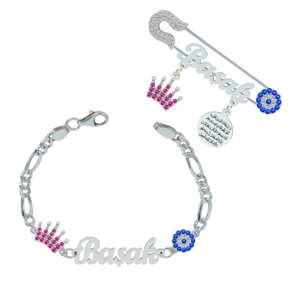 Gümüş Taçlı İsimli Bebek Bileklik İğnesi