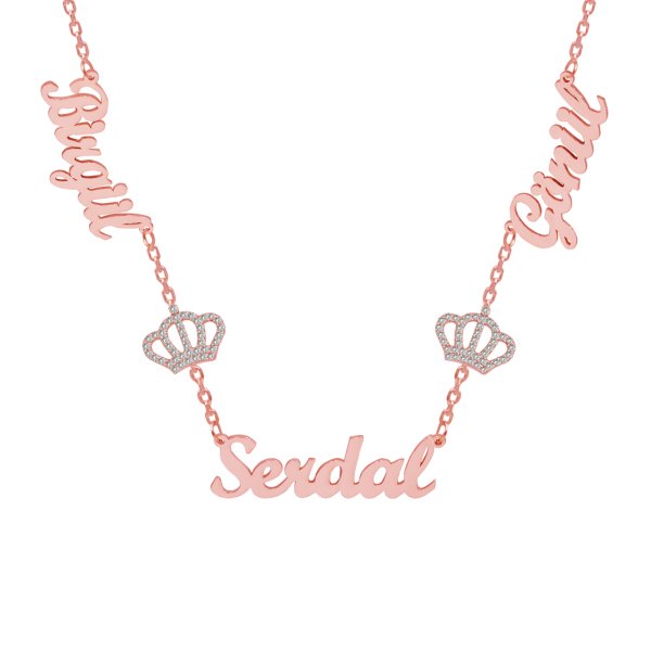 Gümüş Beyaz Taşlı Taçlı 3 İsimli Aile Kolyesi