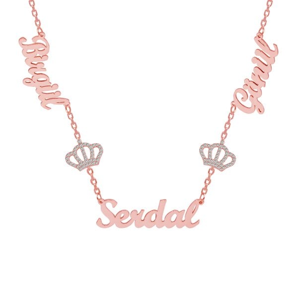 Gümüş Beyaz Taşlı Taçlı 3 İsimli Aile Kolyesi