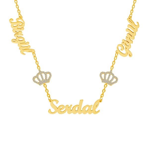 Gümüş Beyaz Taşlı Taçlı 3 İsimli Aile Kolyesi